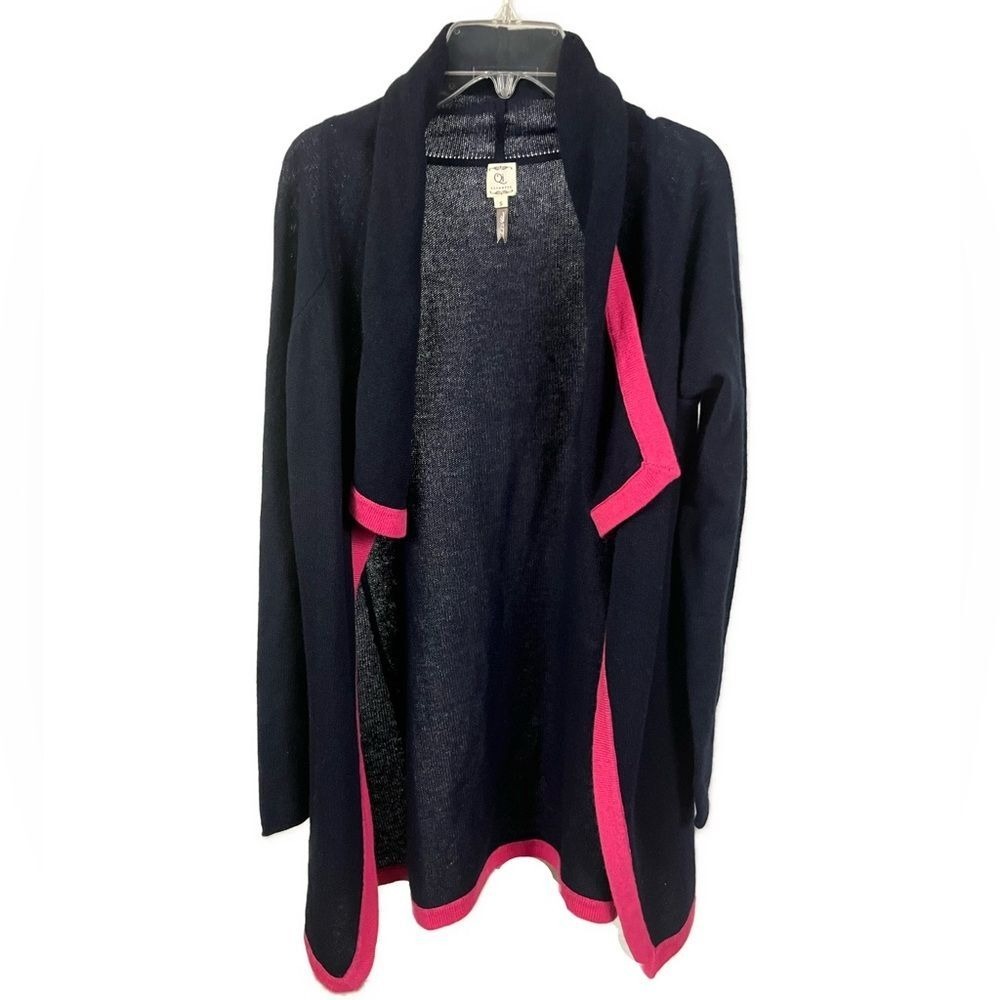 Qi Cashmere Women's Open Front Blue Contrast Trim Waterfall Cardigan- Size Small